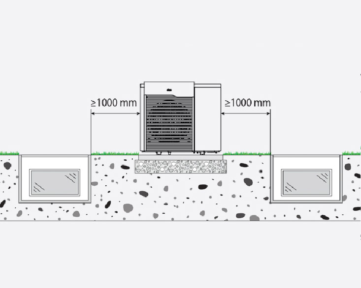 Zeichnung einer AEROTOP SX und zwei Lichtschächte links und rechts von der Wärmepumpe, die Lichtschächte sind nahe des Bodens
